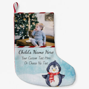 Your Pic/Text Stripe Watercolor Christmas Penguin Small Christmas Stocking