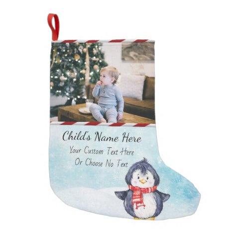 Your PicText Stripe Watercolor Christmas Penguin Small Christmas Stocking