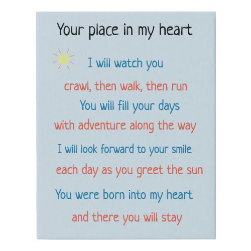 Your place in my heart poem faux canvas print