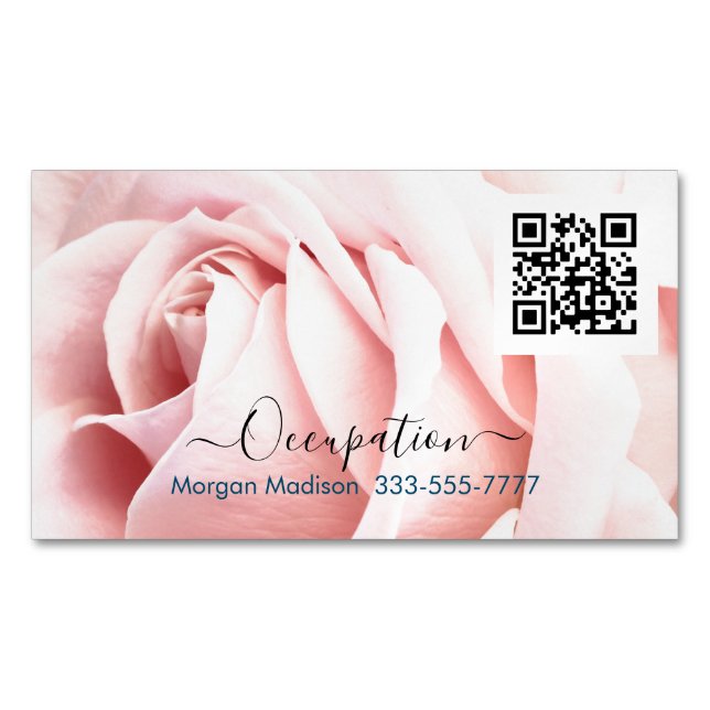 Your Profession, QR Code, Pale Pink Rose Business Card Magnet (Front)