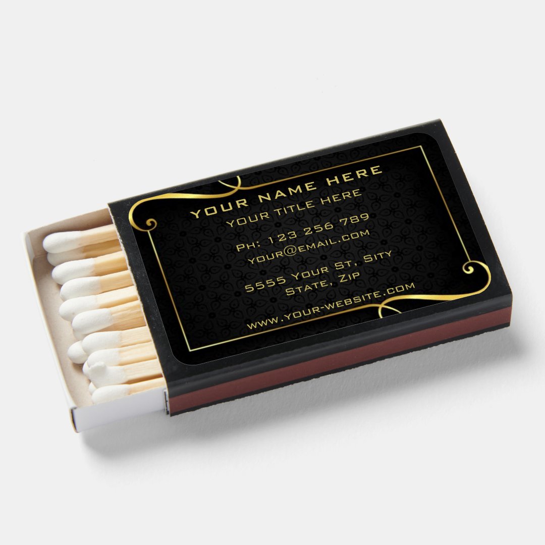 Your Promotional Business Personalized Gold Black Matchboxes | Zazzle