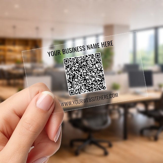 Your QR Code and Text Clear Business Cards Example (Handheld (Office))
