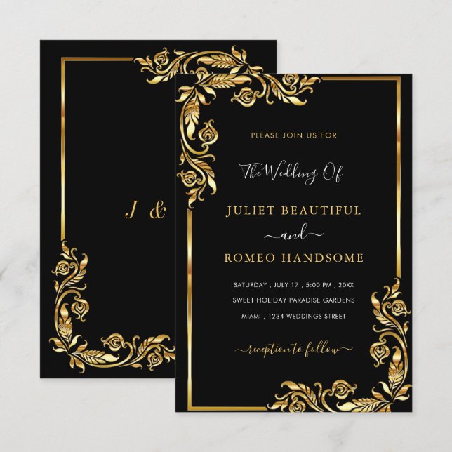 Your QR Code Black Gold Wedding Invitation Example (Front/Back)
