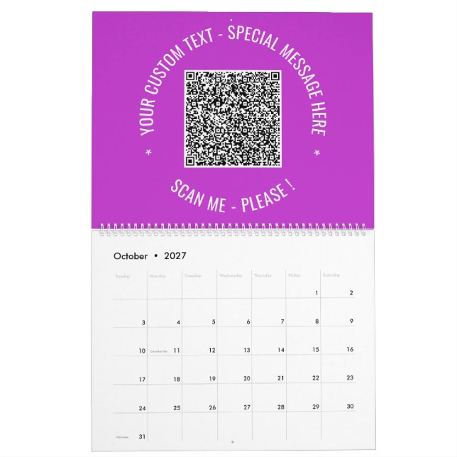 Your QR Code Custom Text Calendar Choose Color (Oct 2027)