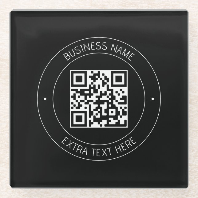 Your QR code & Editable Text | Black & White Glass Coaster (Front)
