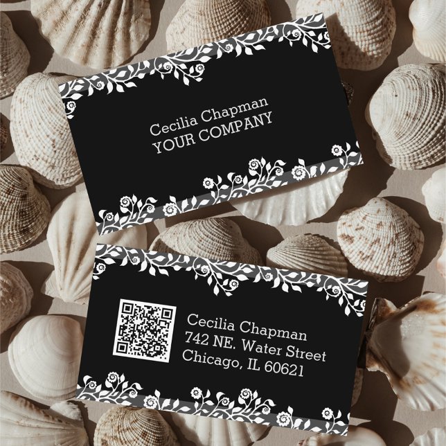   Your QR Code Floral Black Elegant Stylish Gothic Business Card (Creator Uploaded)