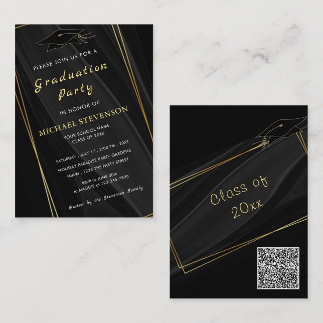 Your QR Code Gold Black Graduation Invitations (Front/Back)
