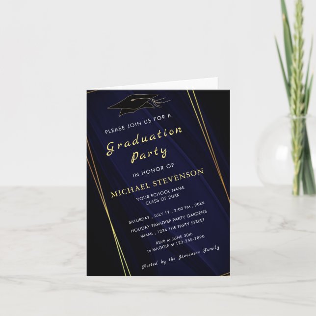 Your QR Code Gold Navy Blue Graduation Invitation (Front)