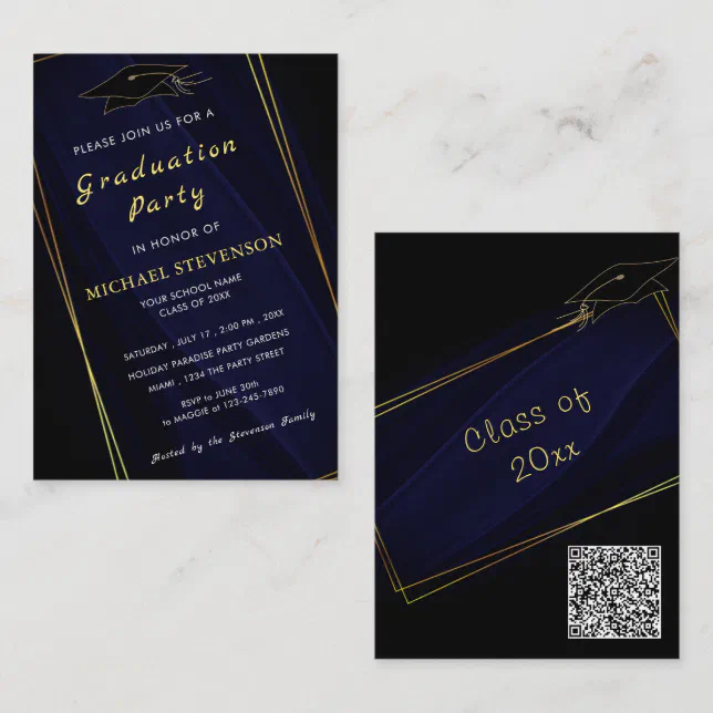 Your QR Code Gold Navy Blue Graduation Invitation Zazzle