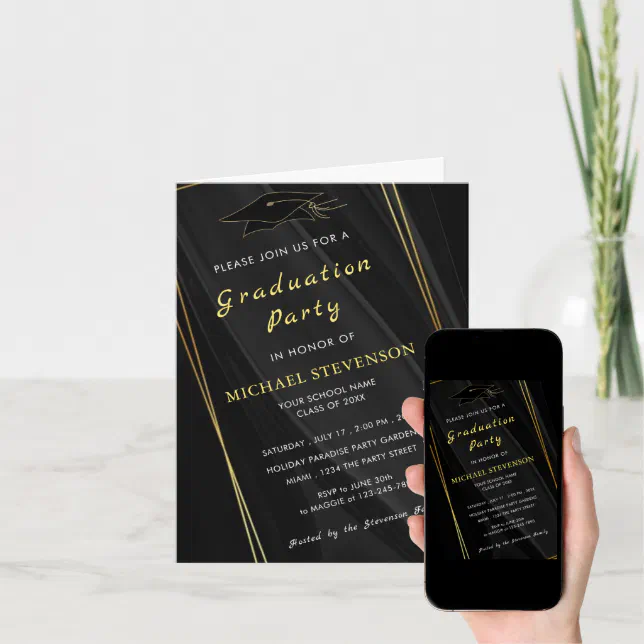 Your QR Code Info Gold Black Graduation Invitation | Zazzle
