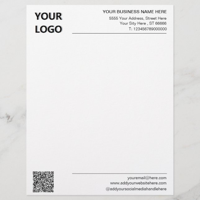 Your QR Code Name Address Logo Business Letterhead (Front)
