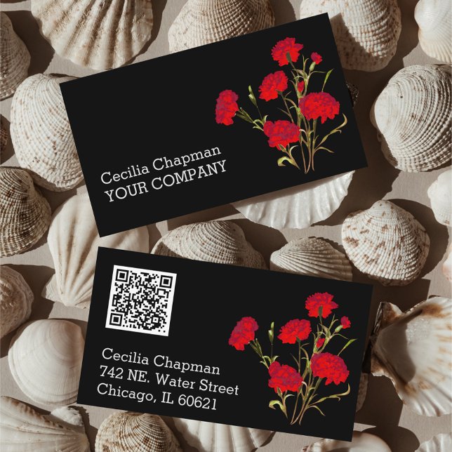  Your QR Code Red Floral Personalized Black Gothic Business Card (Creator Uploaded)