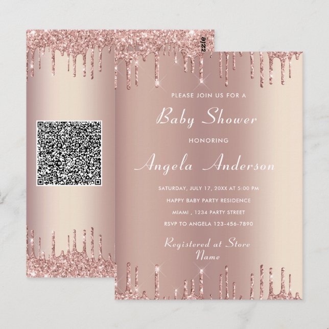 Your QR Code Rose Gold Baby Girl Shower Invitation Postcard (Front/Back)