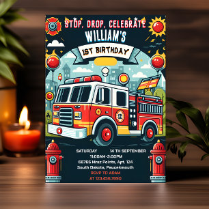 Your Red Hot Fire Truck Engine Safety 1st birthday Invitation