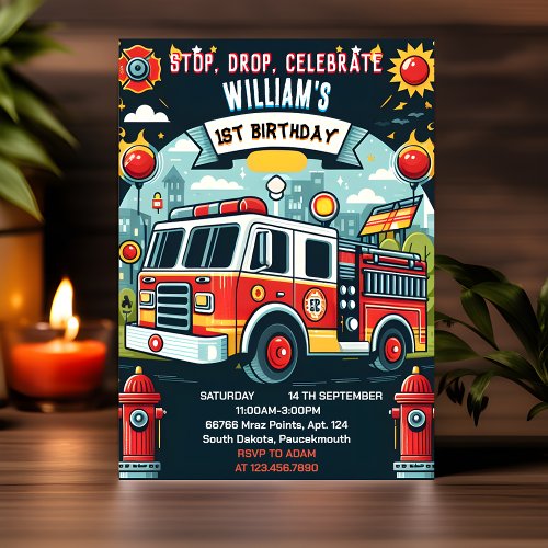 Your Red Hot Fire Truck Engine Safety 1st birthday Invitation