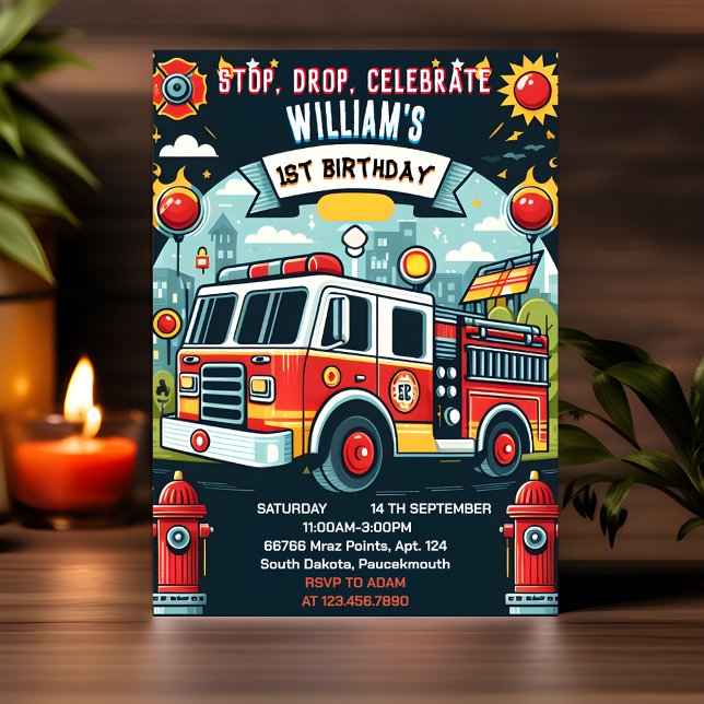 Your Red Hot Fire Truck Engine Safety 1st birthday Invitation (Creator Uploaded)
