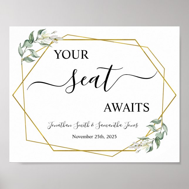Your seat awaits wedding reception greenery gold poster (Front)