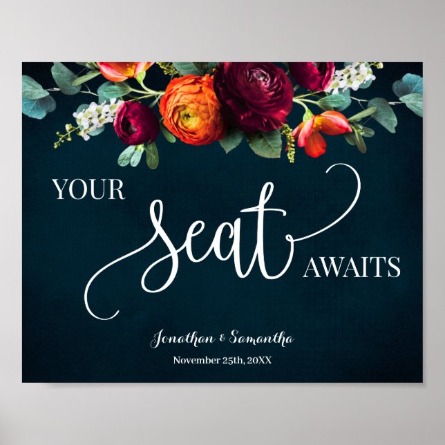 Your Seat Awaits Wedding Reception Wine Navy Sign (Front)