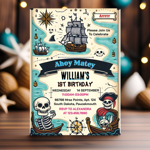 Your Ship Kids Cool Flag Boat Pirate 1st Birthday Invitation