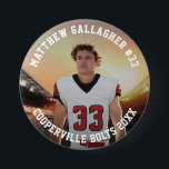 Your Sports Photo | Personalized Team Photo Button<br><div class="desc">Custom pin button featuring your photo with personalized name,  player number,  and team name,  school,  city,  year,  or message in bold collegiate typography. Add your photo and details to see how it looks,  or make it a gift for someone.</div>