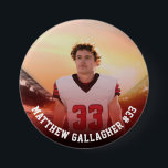 Your Sports Photo | Personalized Team Photo Button<br><div class="desc">Custom pin button with red and black gradient featuring your sports photo with personalized name, player number, and team name, school, city, year, or message in bold collegiate typography. Ideal for teams with the color red. Suitable for any photo, all ages, of any sport. Test it out to see how...</div>