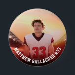Your Sports Photo | Personalized Team Photo Button<br><div class="desc">Custom pin button with red and black gradient featuring your sports photo with personalized name, player number, and team name, school, city, year, or message in bold collegiate typography. Ideal for teams with the color red. Suitable for any photo, all ages, of any sport. Test it out to see how...</div>