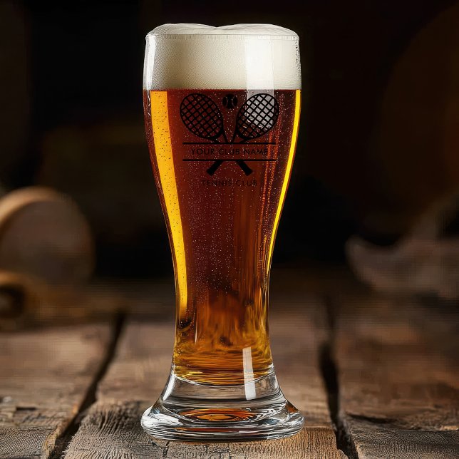 Your Tennis Club Name Members Swag Custom Pilsner Glass (Lawn Tennis Country Club Black Rackets Motif Pilsner Glass)