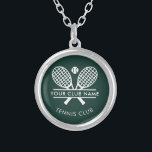 Your Tennis Club Name Team Logo Custom Silver Plated Necklace<br><div class="desc">Featuring sleek tennis rackets motif elegantly paired with a tennis ball, this eye-catching design captures the essence of the sport while allowing you to showcase your team's unique identity. The color palette is fully customizable, ensuring a perfect match with your club's signature hues. Simply add your club name and personalize...</div>