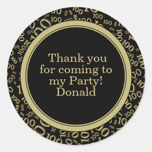 Your Text 100th Random Number Pattern Black/Gold Classic Round Sticker