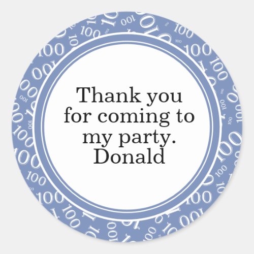 Your Text 100th Random Number Pattern Blue/White Classic Round Sticker