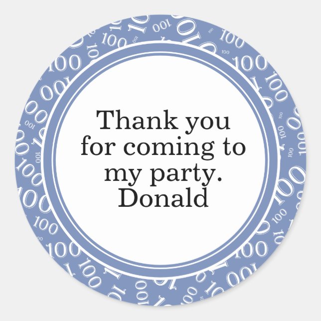 Your Text 100th Random Number Pattern Blue/White Classic Round Sticker (Front)