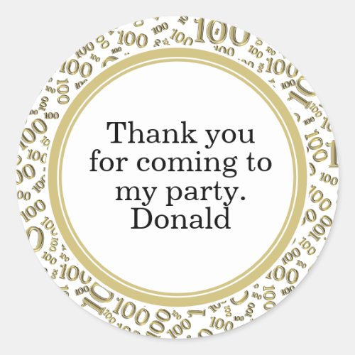 Your Text 100th Random Number Pattern Gold/White Classic Round Sticker