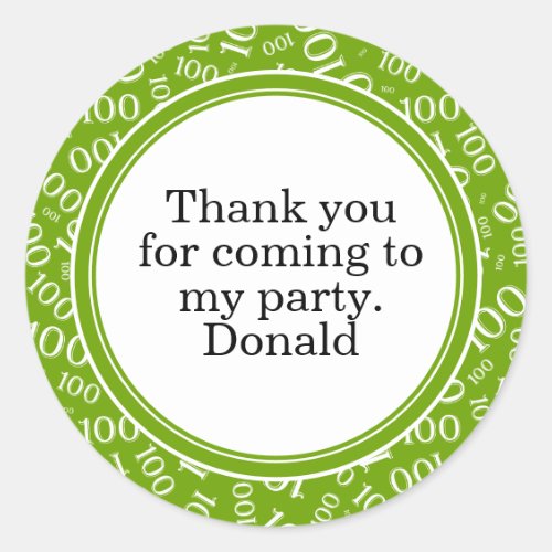 Your Text 100th Random Number Pattern Green/White Classic Round Sticker