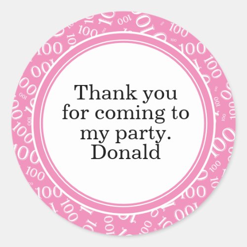 Your Text 100th Random Number Pattern Pink/White Classic Round Sticker