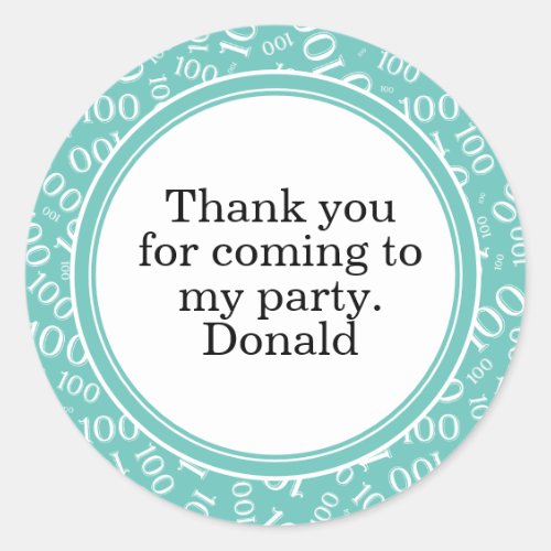 Your Text 100th Random Number Pattern Teal/White Classic Round Sticker