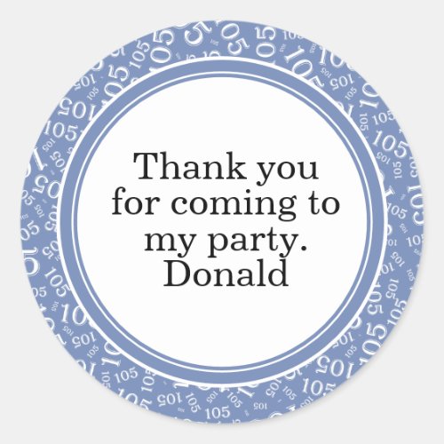 Your Text 105th Random Number Pattern Blue/White Classic Round Sticker