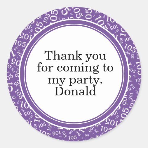 Your Text 105th Random Number Pattern Purple/White Classic Round Sticker