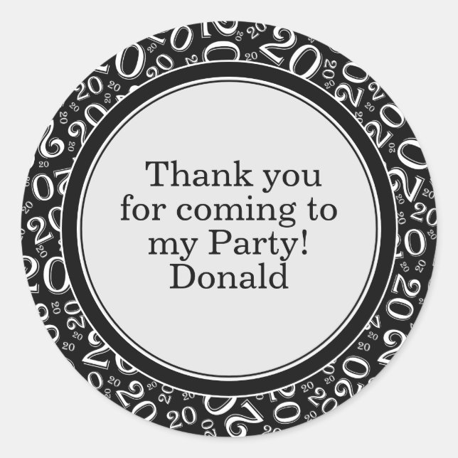  Your Text 20th Random Number Pattern Black/White Classic Round Sticker (Front)