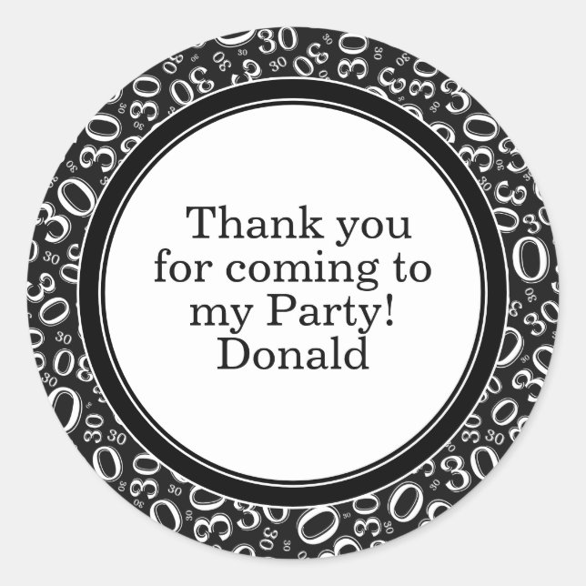  Your Text 30th Random Number Pattern Black/White Classic Round Sticker (Front)