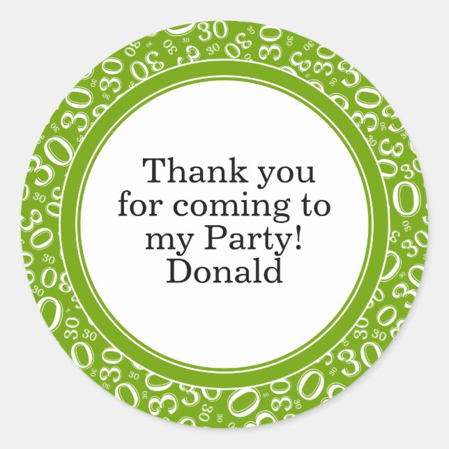  Your Text 30th Random Number Pattern Green/White Classic Round Sticker (Front)