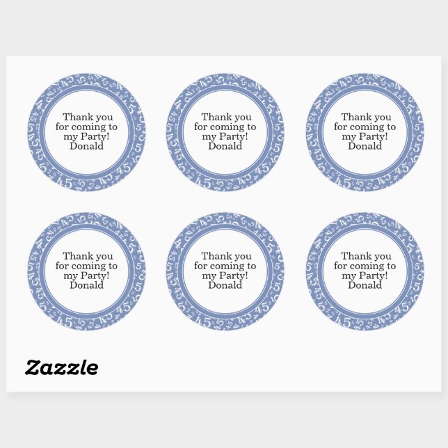  Your Text 45th Random Number Pattern Blue/White Classic Round Sticker (Sheet)