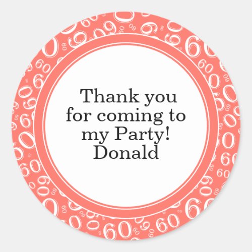 Your Text 60th Random Number Pattern Coral/White Classic Round Sticker