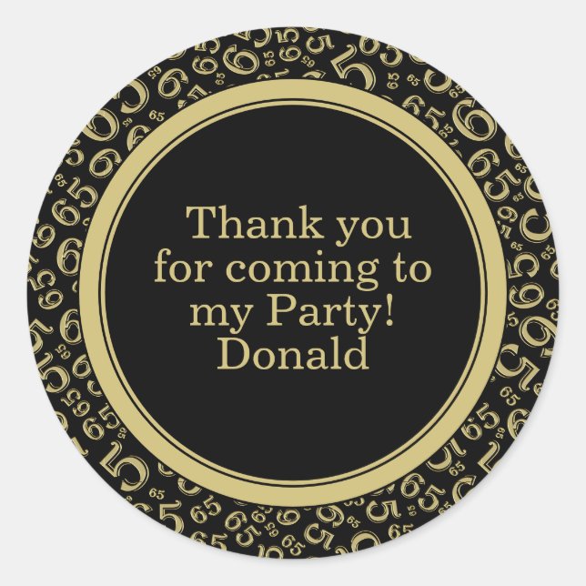  Your Text 65th Random Number Pattern Black/Gold Classic Round Sticker (Front)