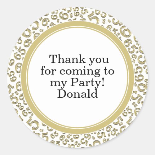 Your Text 65th Random Number Pattern Gold/White Classic Round Sticker