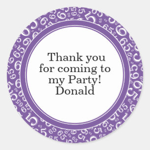 Your Text 65th Random Number Pattern Purple/White Classic Round Sticker