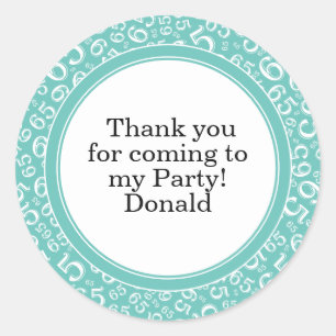 Your Text 65th Random Number Pattern Teal/White Classic Round Sticker