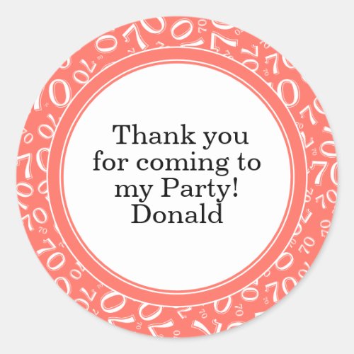 Your Text 70th Random Number Pattern Coral/White Classic Round Sticker