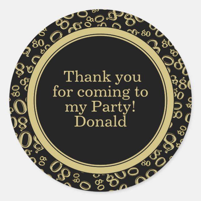  Your Text 80th Random Number Pattern Black/Gold Classic Round Sticker (Front)