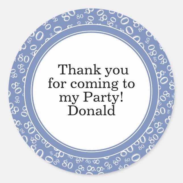  Your Text 80th Random Number Pattern Blue/White Classic Round Sticker (Front)