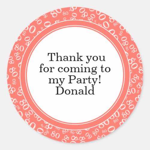 Your Text 80th Random Number Pattern Coral/White Classic Round Sticker